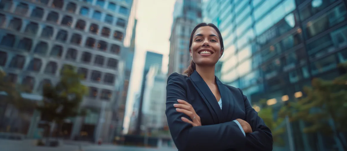Executiva sorrindo em frente a edifícios corporativos