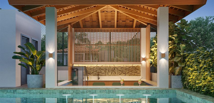 Espaço de apoio integrado com a piscina