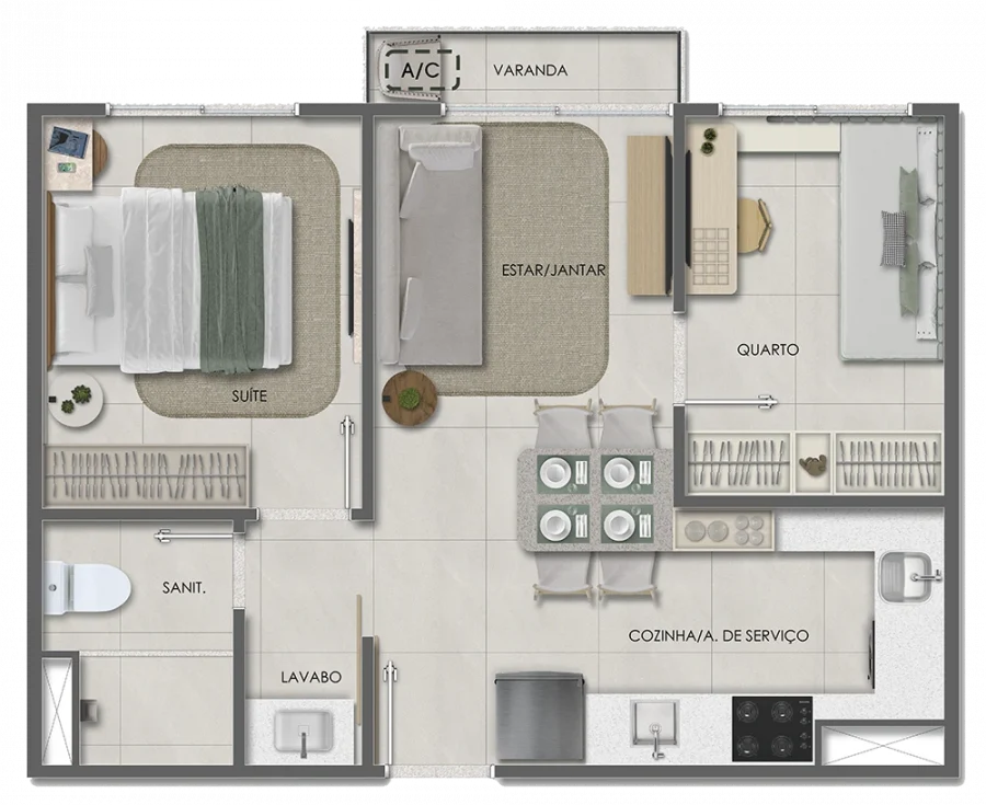 Dois quartos com varanda · 38,47 m²