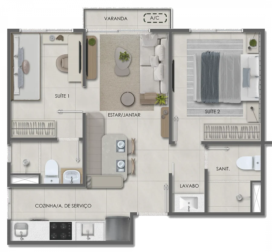 Duas suítes com varanda · 41,46 m²