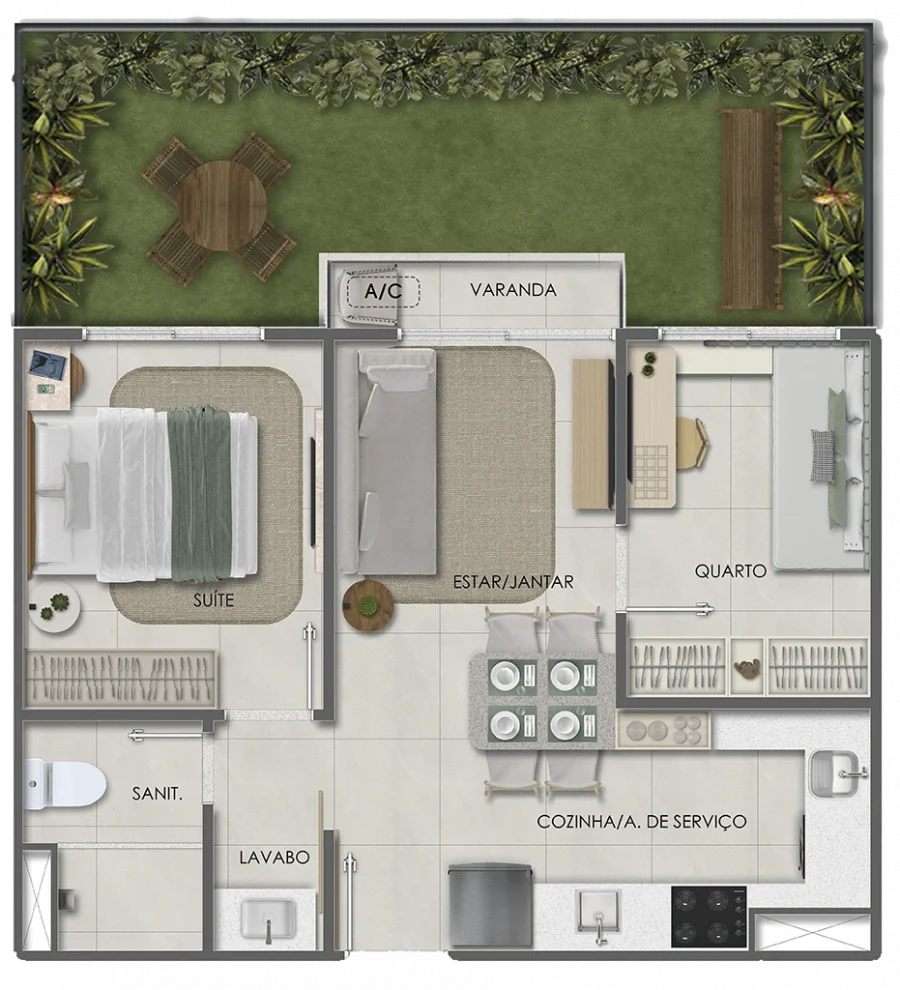 Dois quartos com garden · 54,07 m²